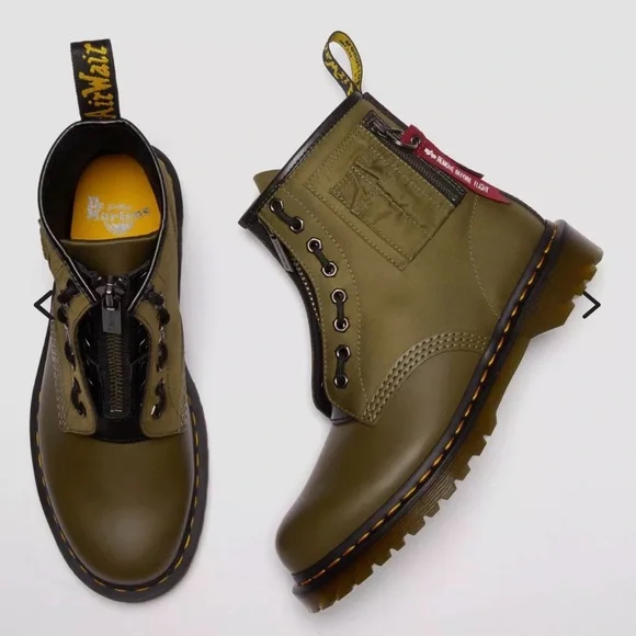 1460 Ben Alpha Industries Nylon/Leather Olive Lace Up Boots - Picture 7 of 12